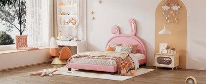 Full Size and Twin Size Upholstered Leather Platform Bed with Rabbit Ornament