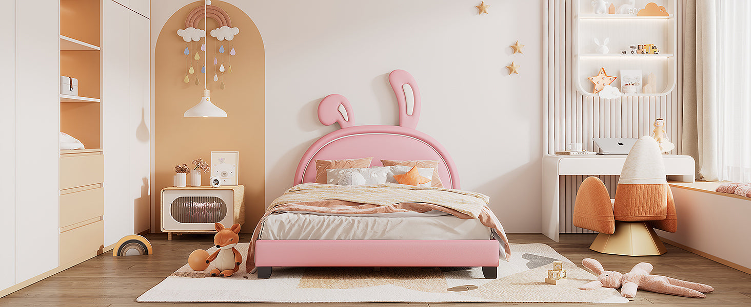 Full Size and Twin Size Upholstered Leather Platform Bed with Rabbit Ornament