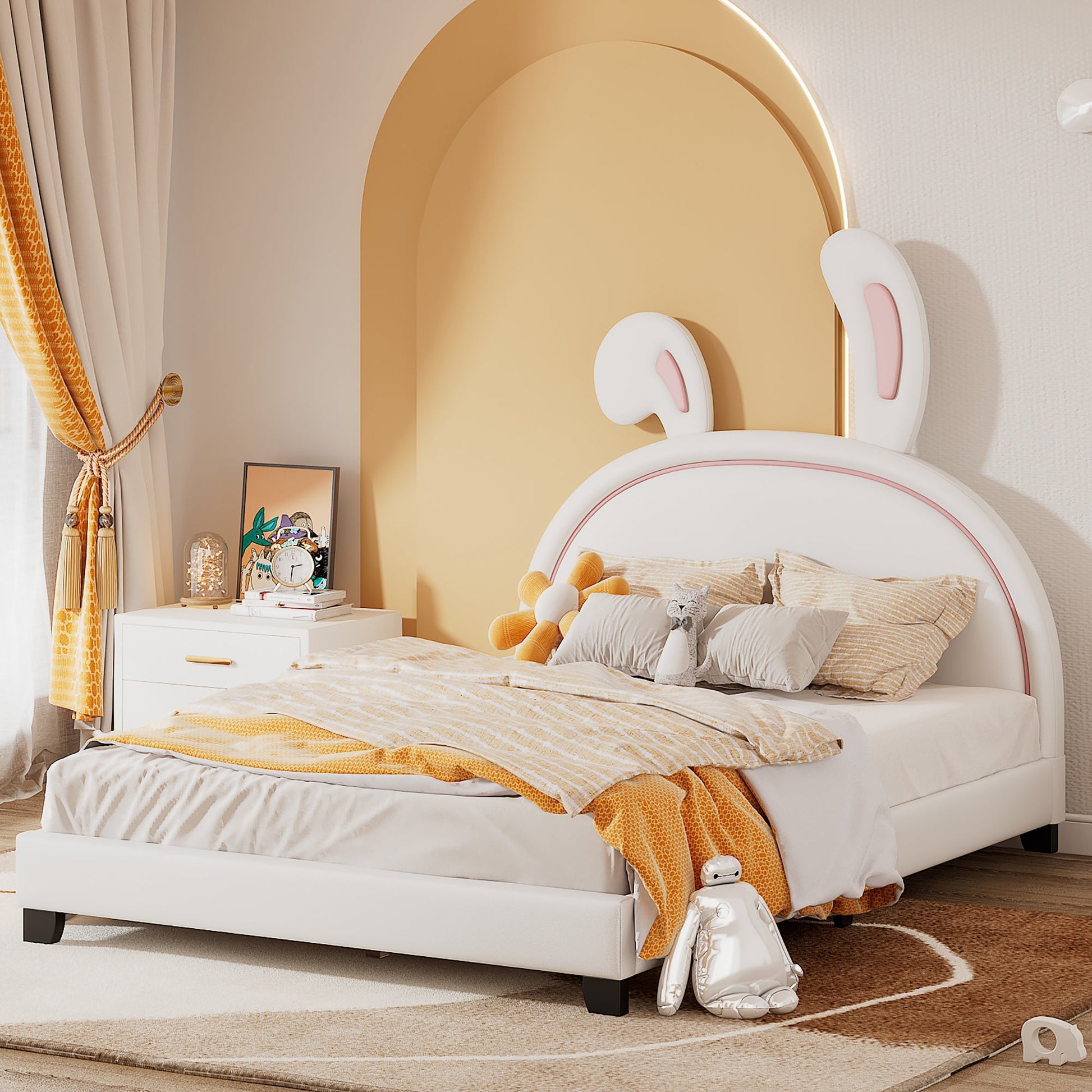 Full Size and Twin Size Upholstered Leather Platform Bed with Rabbit Ornament