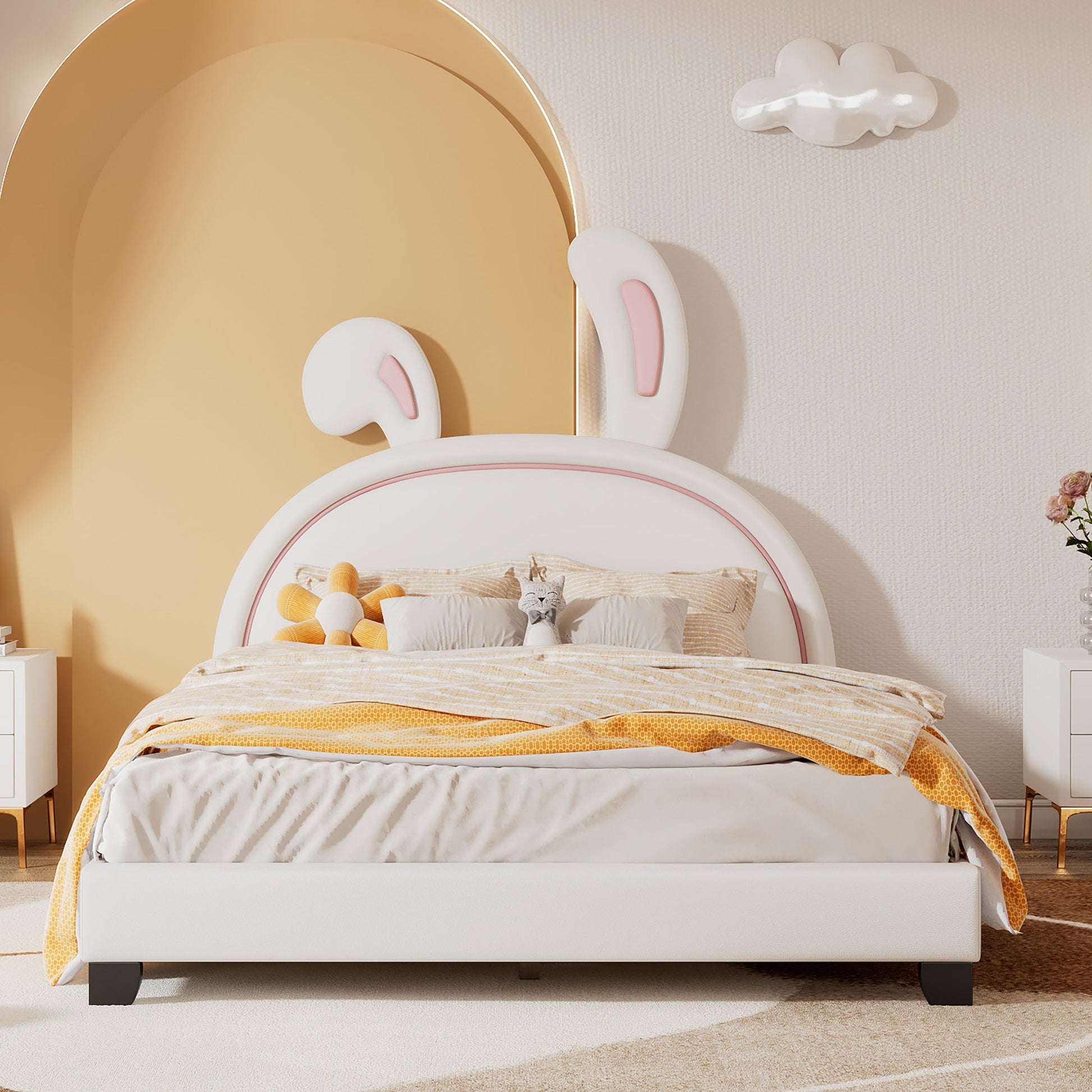 Full Size and Twin Size Upholstered Leather Platform Bed with Rabbit Ornament