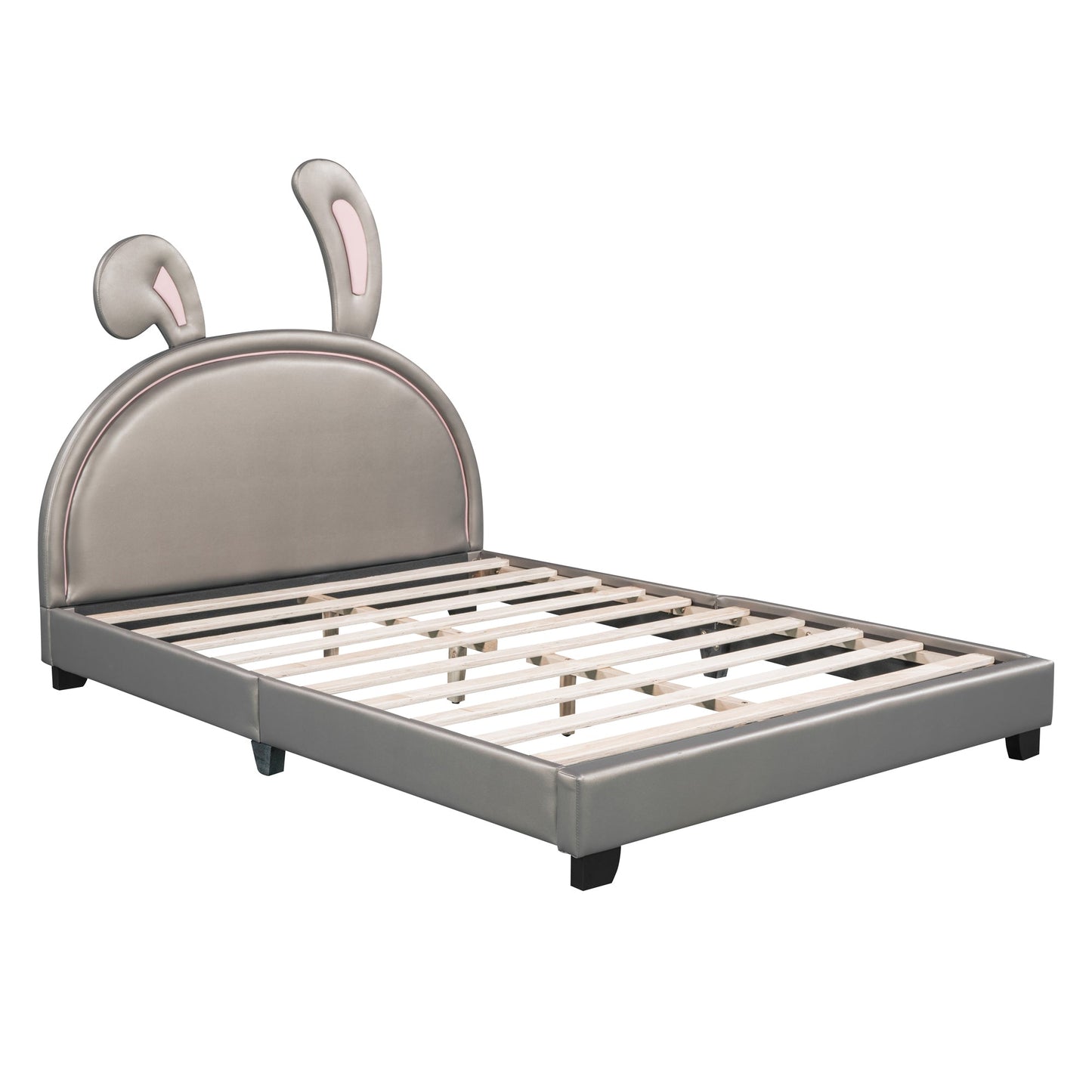 Full Size and Twin Size Upholstered Leather Platform Bed with Rabbit Ornament