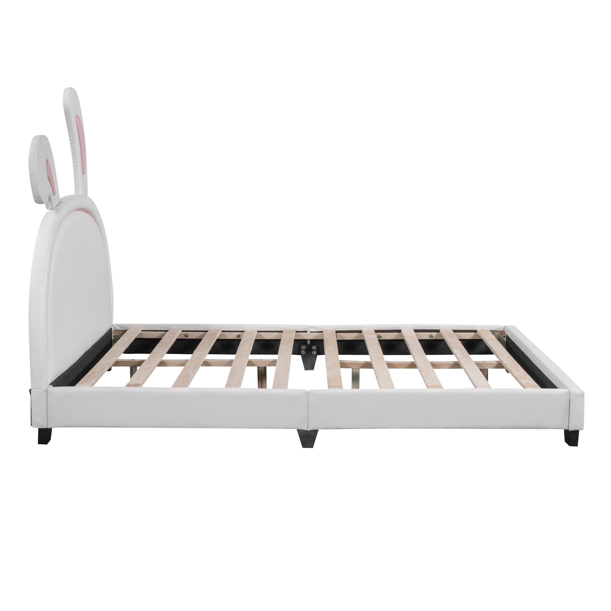 Full Size and Twin Size Upholstered Leather Platform Bed with Rabbit Ornament