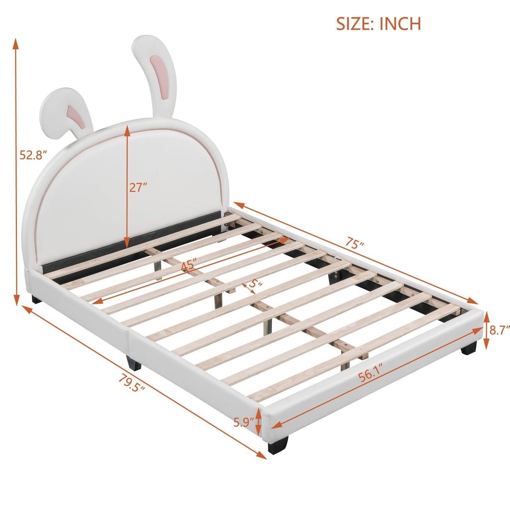 Full Size and Twin Size Upholstered Leather Platform Bed with Rabbit Ornament