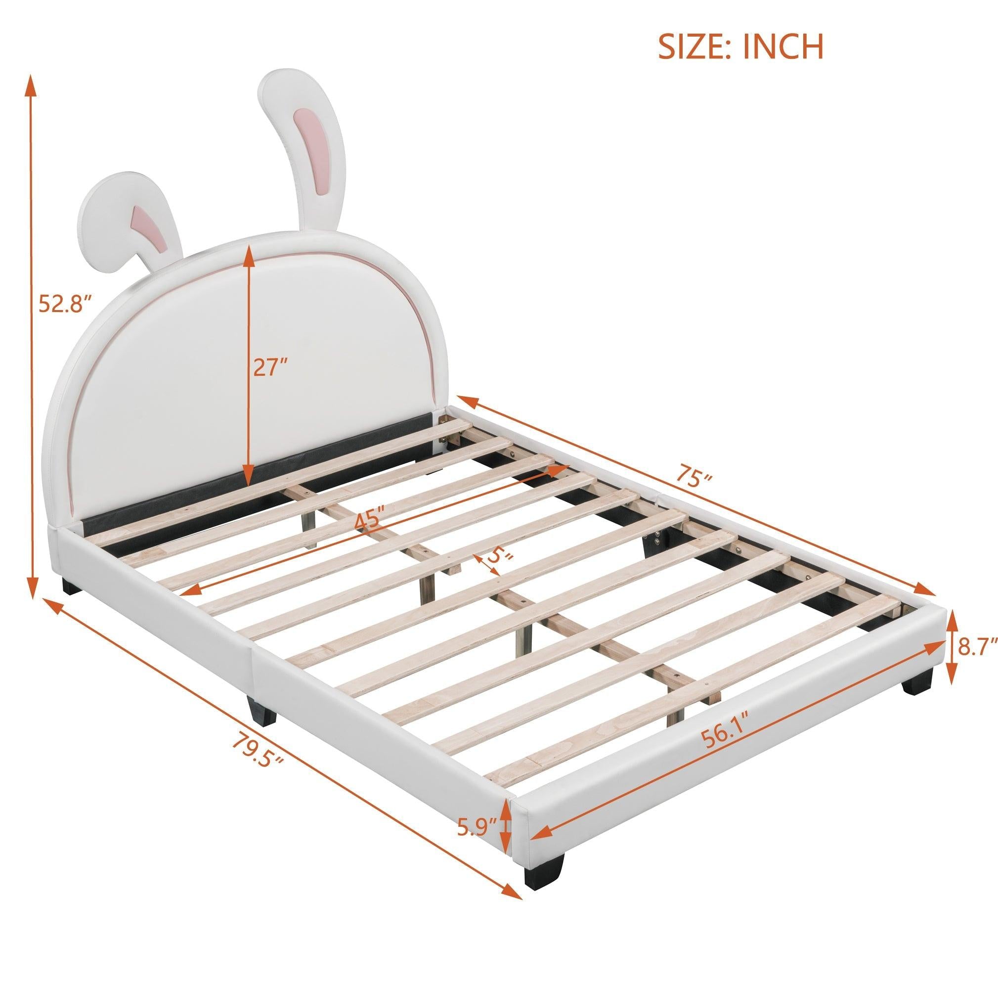 Full Size and Twin Size Upholstered Leather Platform Bed with Rabbit Ornament