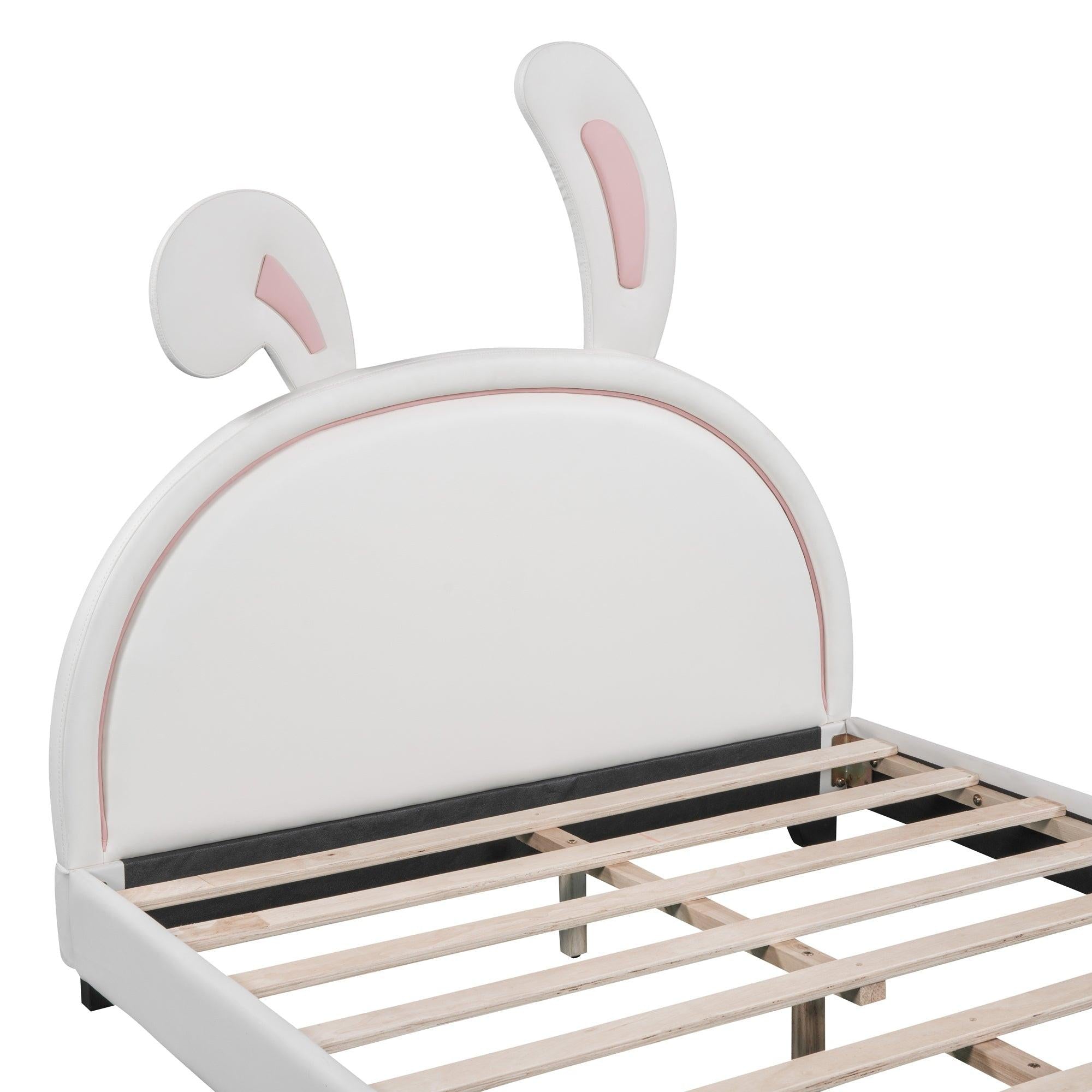 Full Size and Twin Size Upholstered Leather Platform Bed with Rabbit Ornament