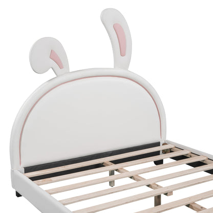 Full Size and Twin Size Upholstered Leather Platform Bed with Rabbit Ornament