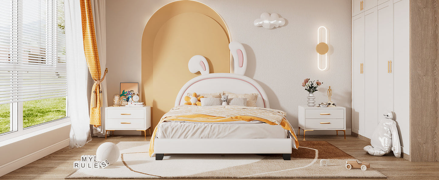 Full Size and Twin Size Upholstered Leather Platform Bed with Rabbit Ornament