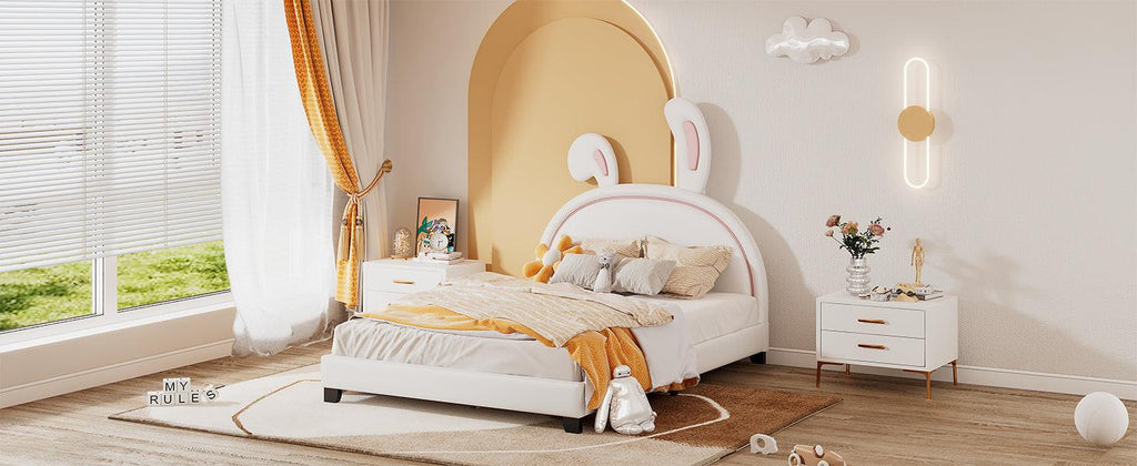 Full Size and Twin Size Upholstered Leather Platform Bed with Rabbit Ornament