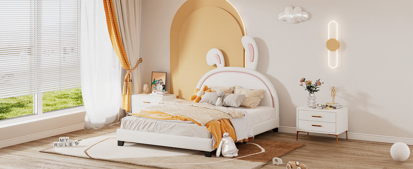 Full Size and Twin Size Upholstered Leather Platform Bed with Rabbit Ornament