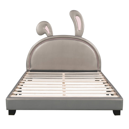 Full Size and Twin Size Upholstered Leather Platform Bed with Rabbit Ornament