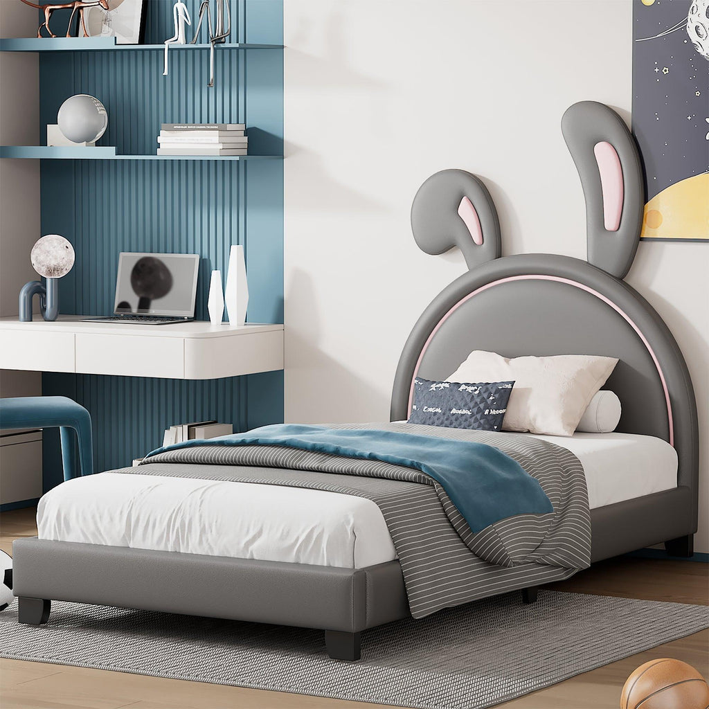 Full Size and Twin Size Upholstered Leather Platform Bed with Rabbit Ornament