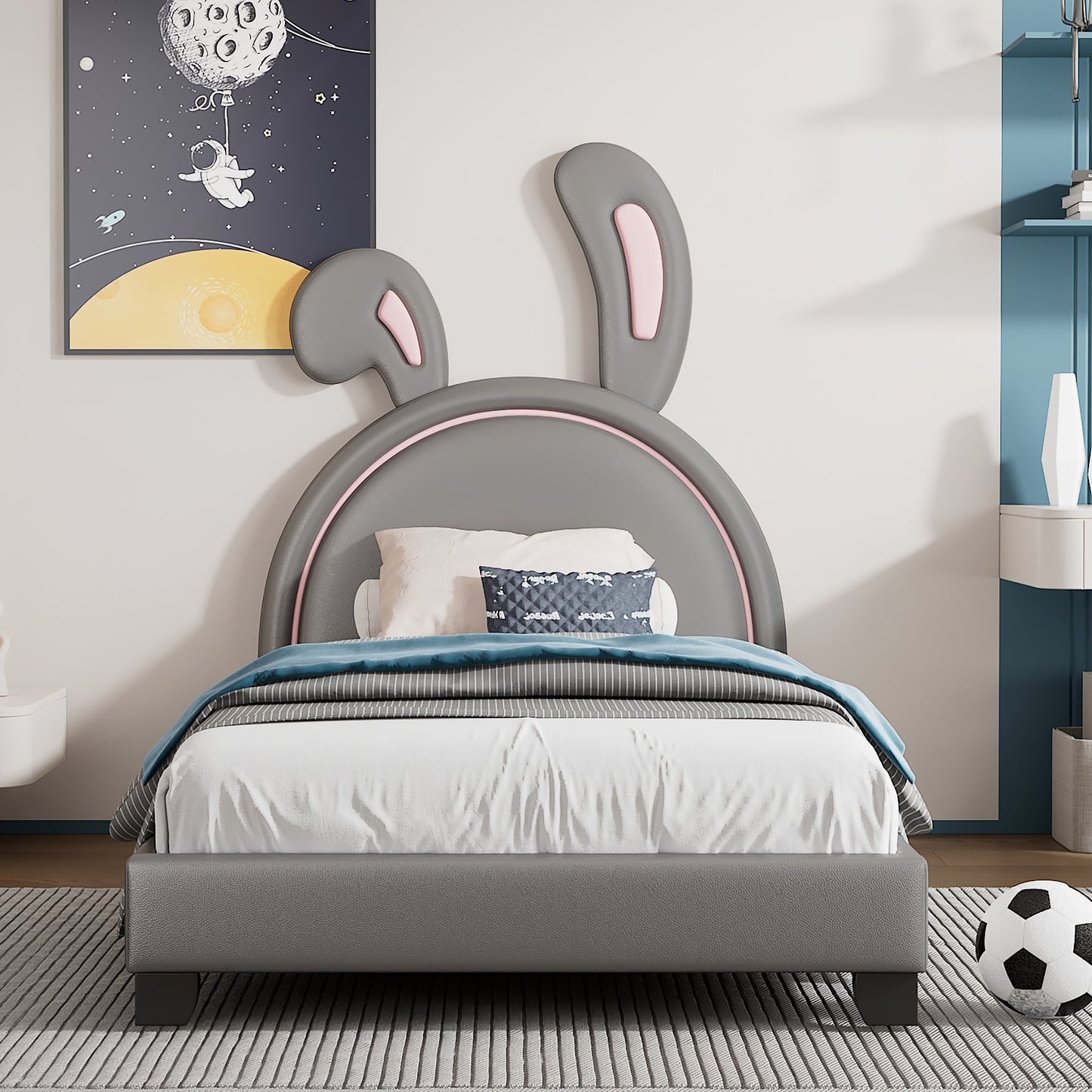 Full Size and Twin Size Upholstered Leather Platform Bed with Rabbit Ornament