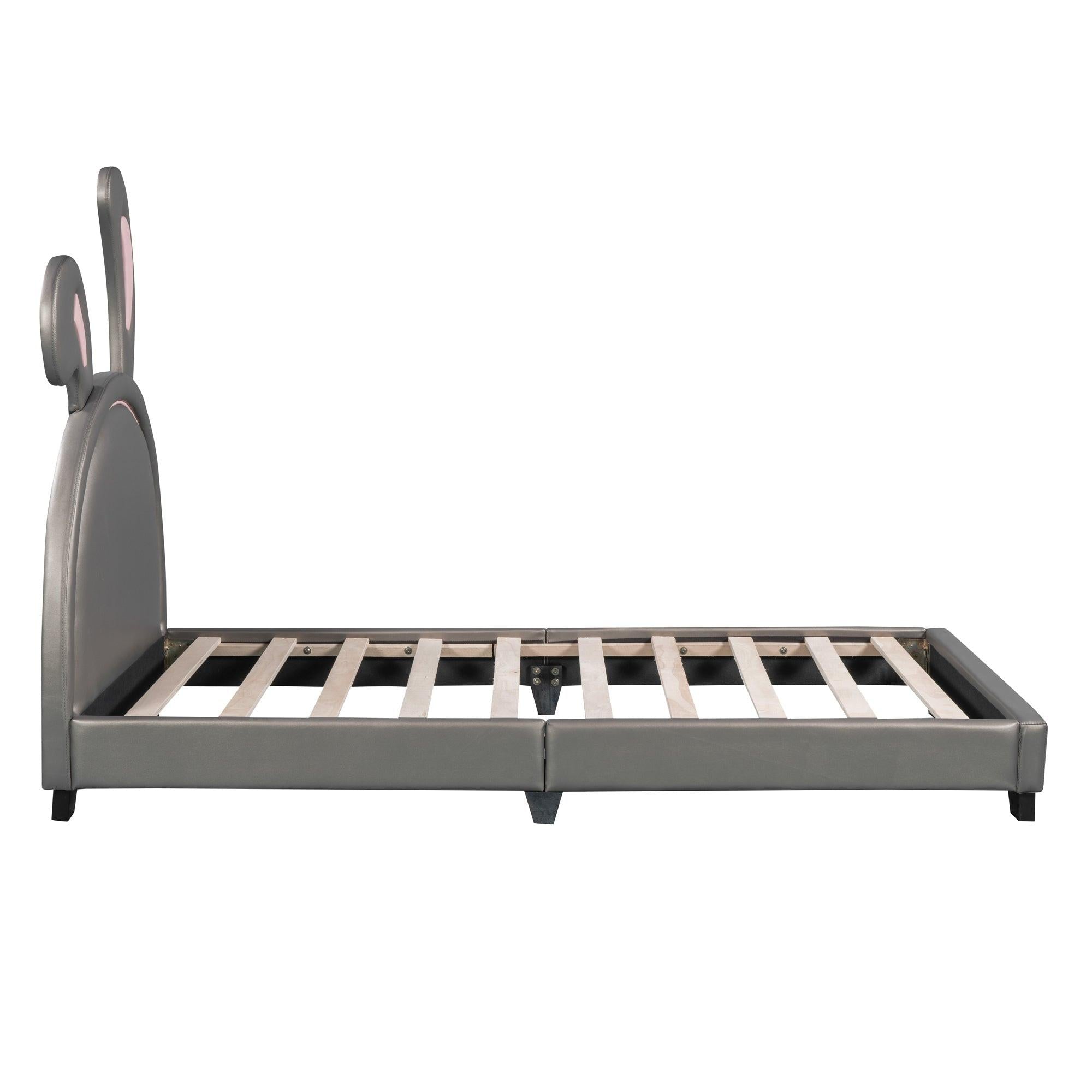 Full Size and Twin Size Upholstered Leather Platform Bed with Rabbit Ornament