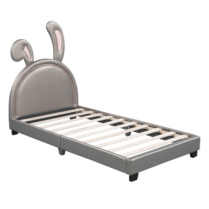 Full Size and Twin Size Upholstered Leather Platform Bed with Rabbit Ornament