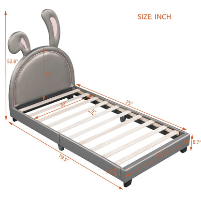 Full Size and Twin Size Upholstered Leather Platform Bed with Rabbit Ornament