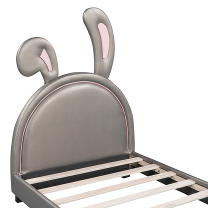 Full Size and Twin Size Upholstered Leather Platform Bed with Rabbit Ornament