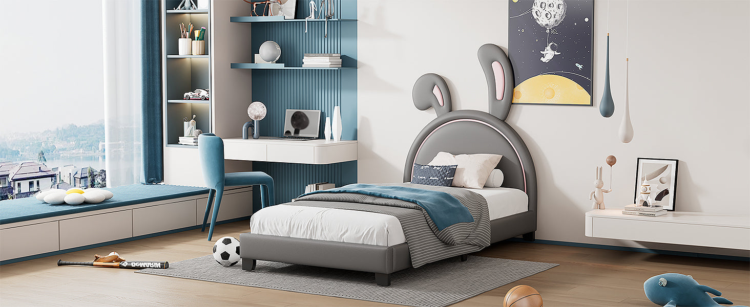 Full Size and Twin Size Upholstered Leather Platform Bed with Rabbit Ornament