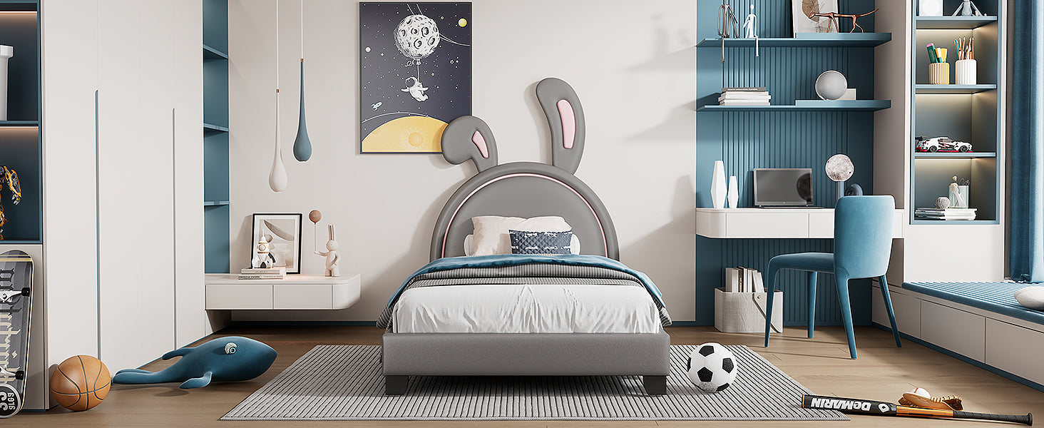 Full Size and Twin Size Upholstered Leather Platform Bed with Rabbit Ornament