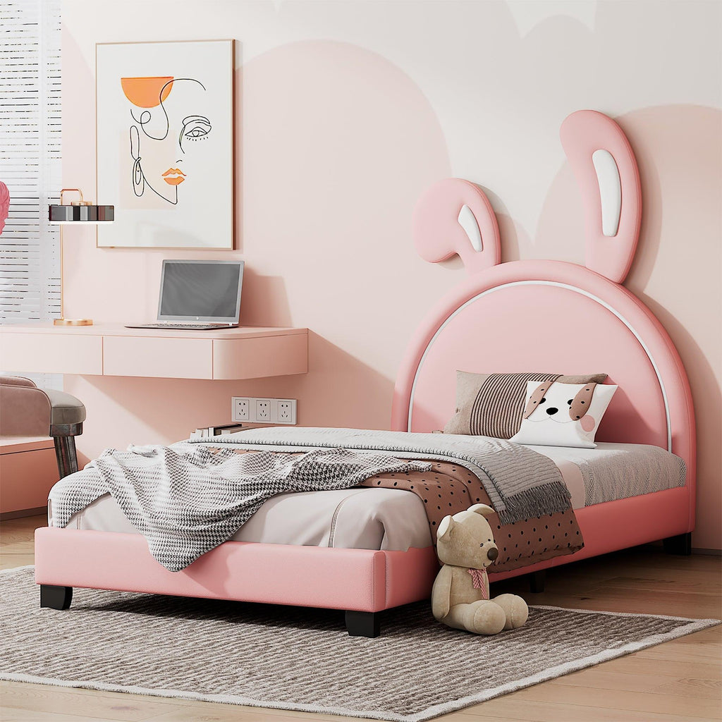 Full Size and Twin Size Upholstered Leather Platform Bed with Rabbit Ornament