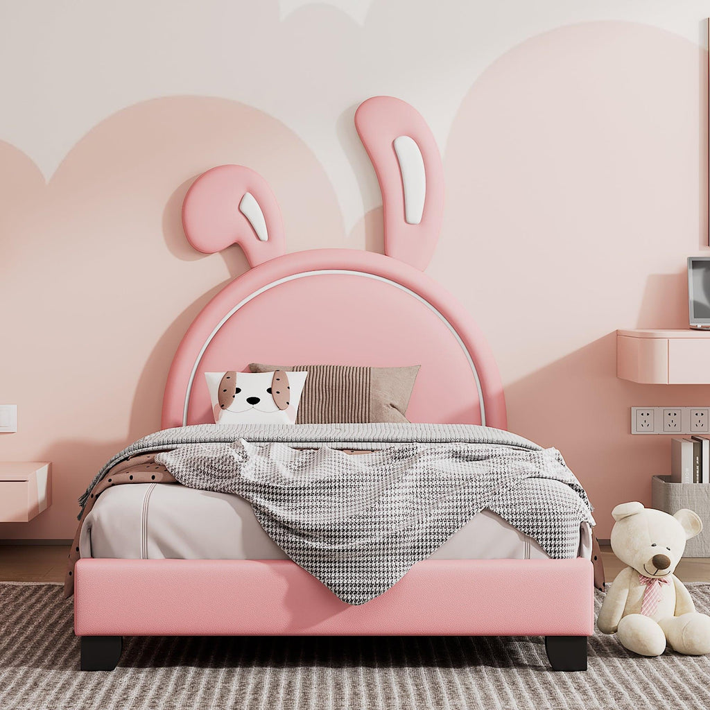 Full Size and Twin Size Upholstered Leather Platform Bed with Rabbit Ornament