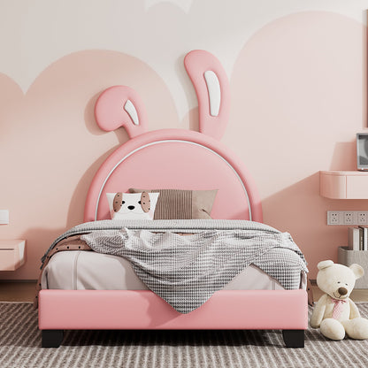 Full Size and Twin Size Upholstered Leather Platform Bed with Rabbit Ornament