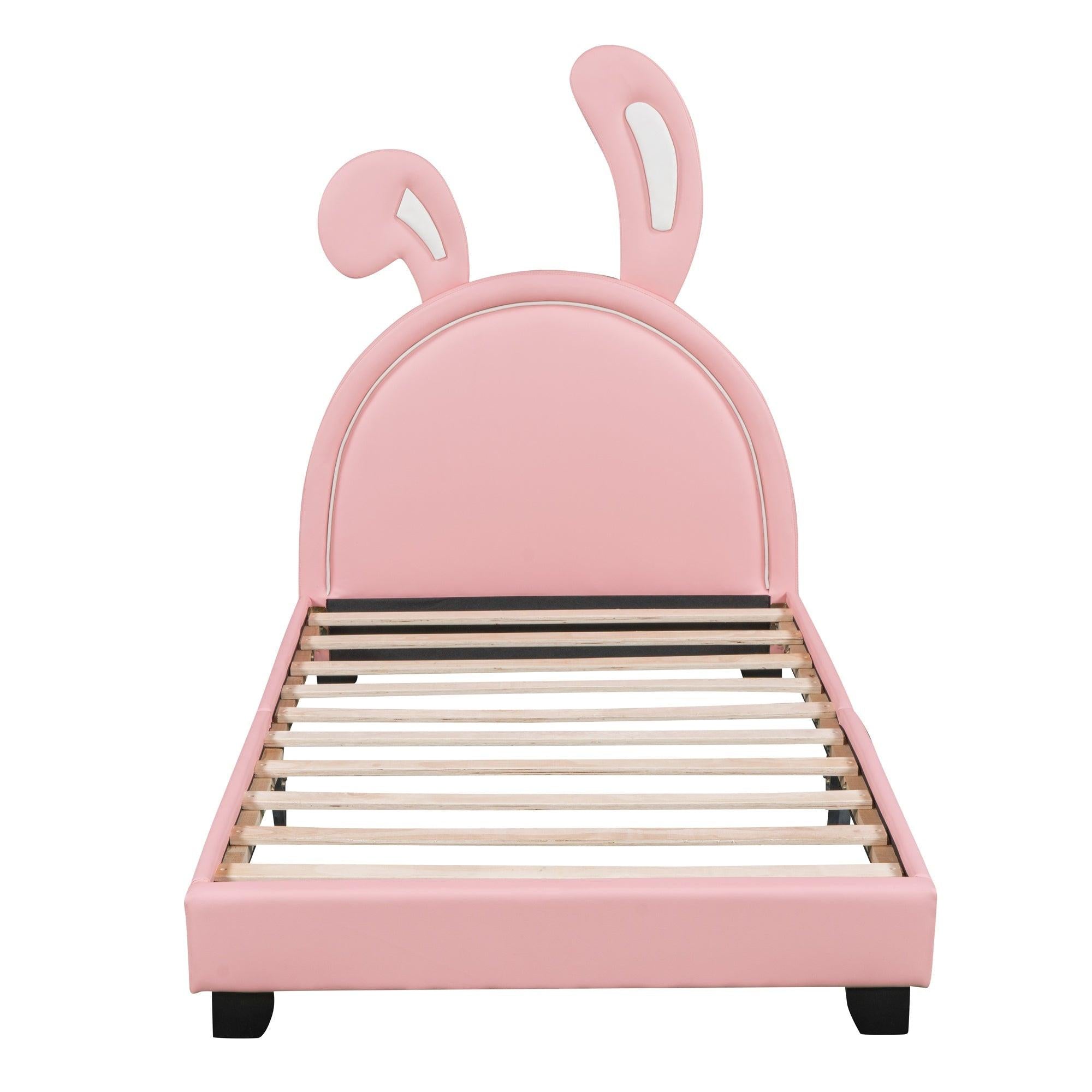 Full Size and Twin Size Upholstered Leather Platform Bed with Rabbit Ornament