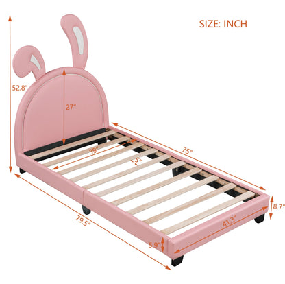 Full Size and Twin Size Upholstered Leather Platform Bed with Rabbit Ornament
