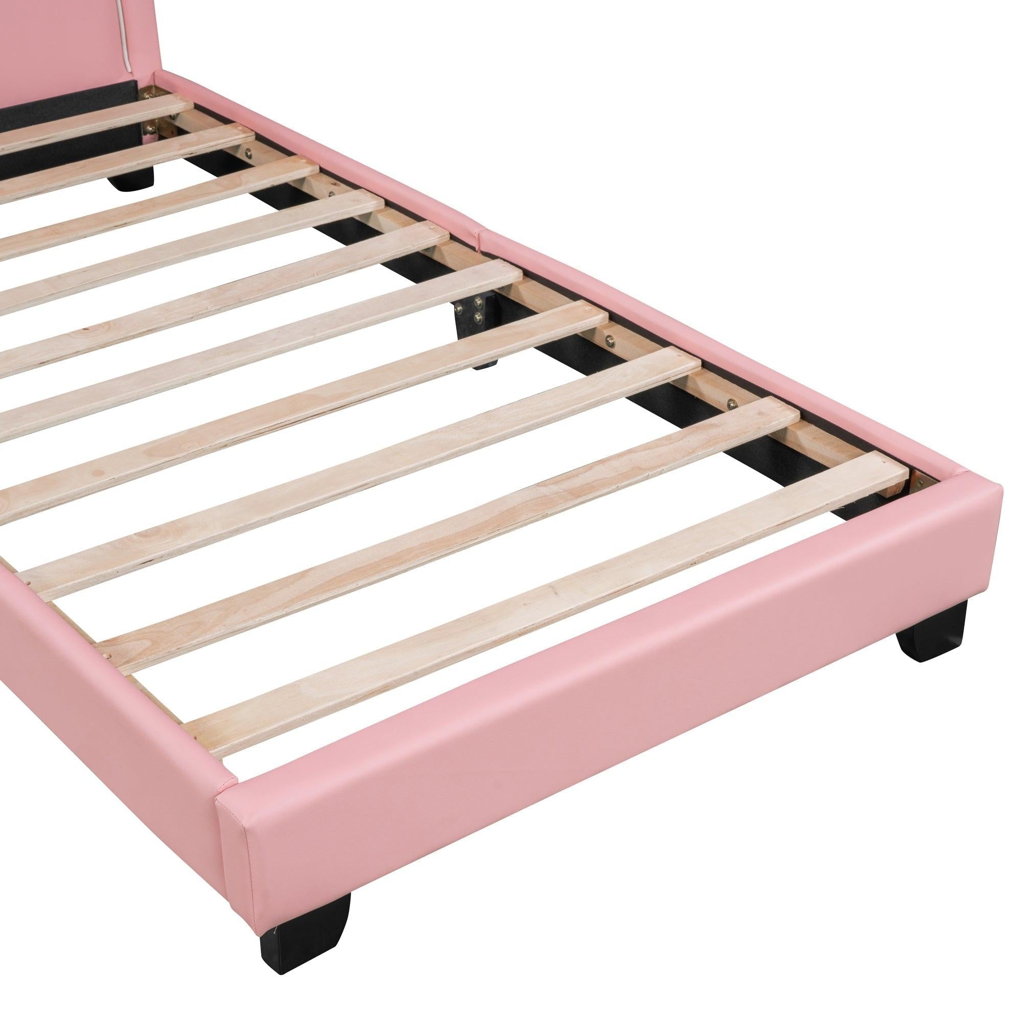 Full Size and Twin Size Upholstered Leather Platform Bed with Rabbit Ornament