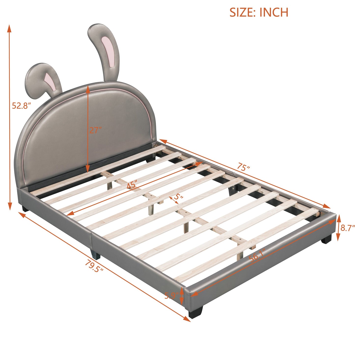 Full Size and Twin Size Upholstered Leather Platform Bed with Rabbit Ornament