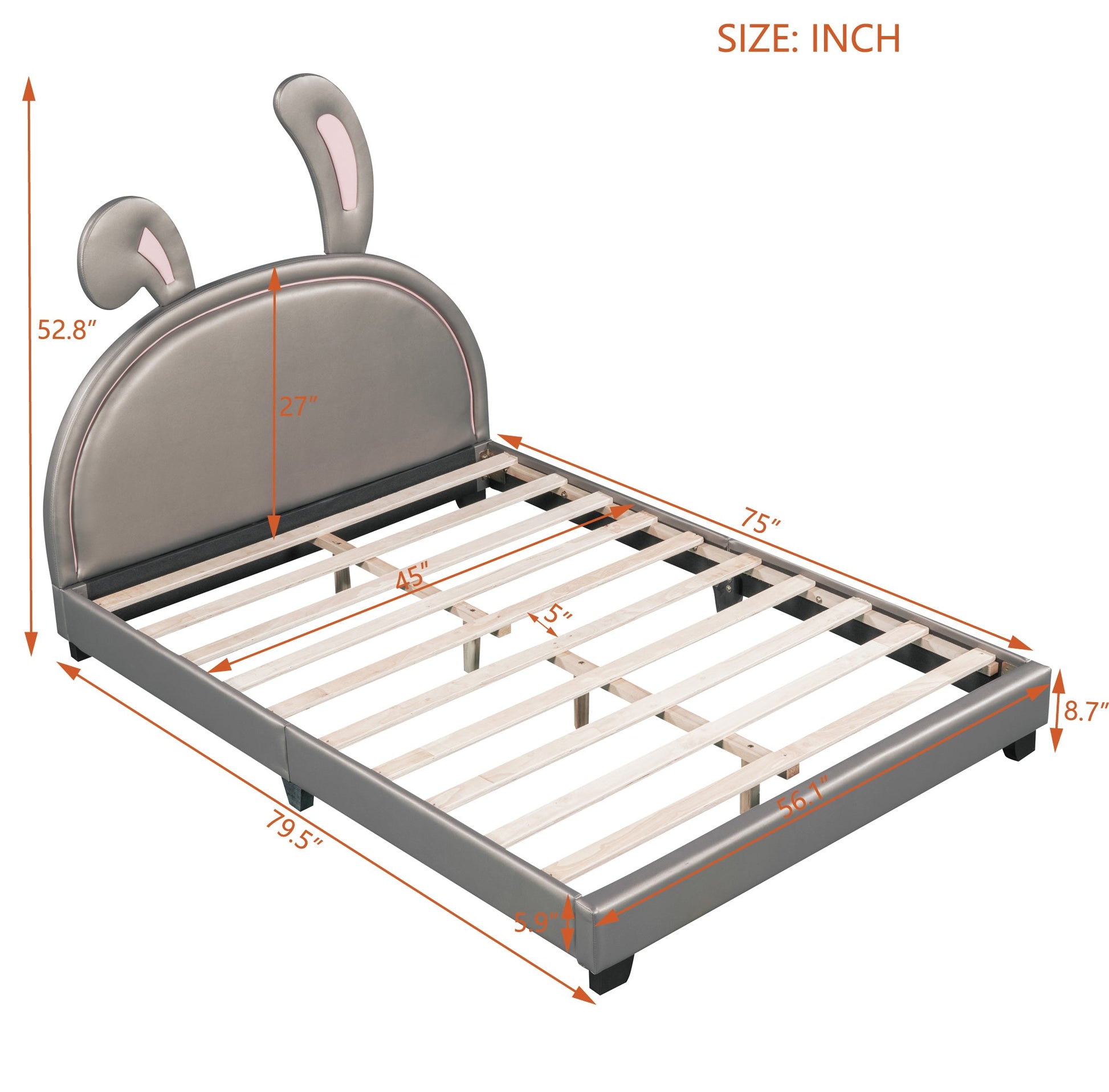 Full Size and Twin Size Upholstered Leather Platform Bed with Rabbit Ornament