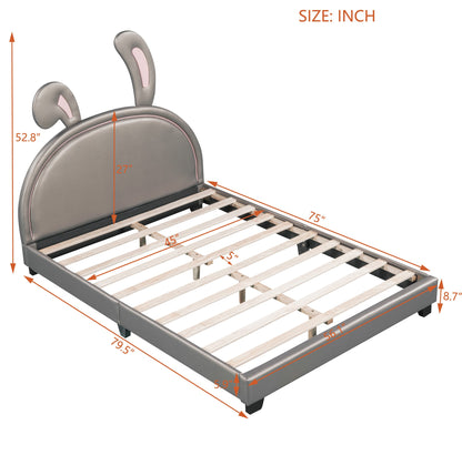 Full Size and Twin Size Upholstered Leather Platform Bed with Rabbit Ornament