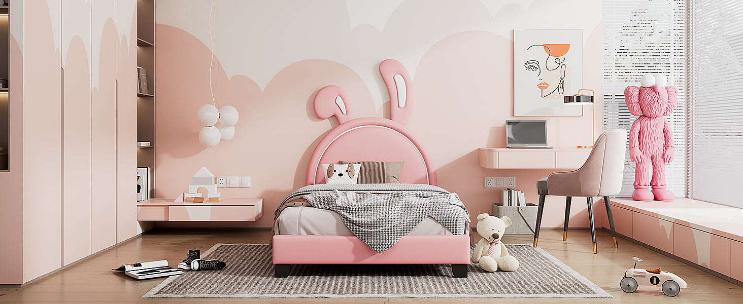 Full Size and Twin Size Upholstered Leather Platform Bed with Rabbit Ornament