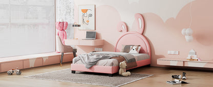 Full Size and Twin Size Upholstered Leather Platform Bed with Rabbit Ornament