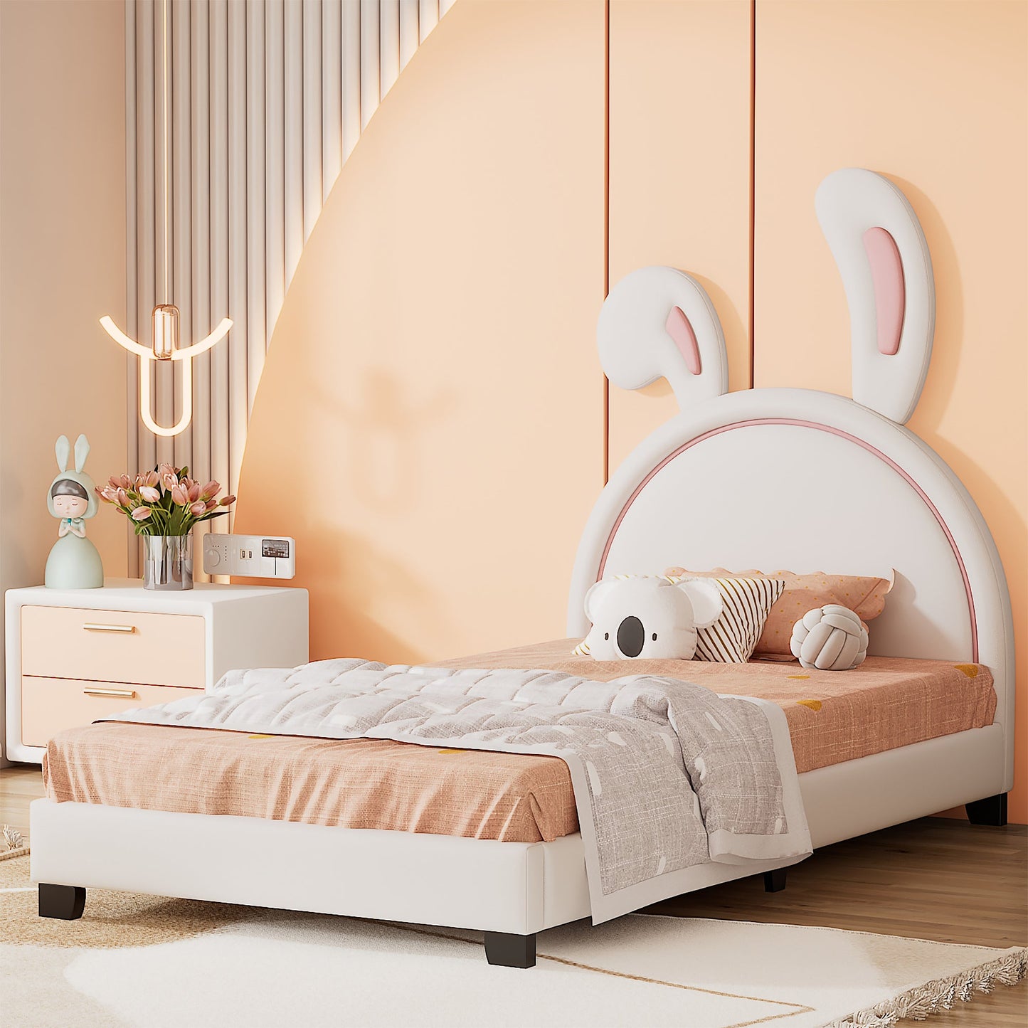 Full Size and Twin Size Upholstered Leather Platform Bed with Rabbit Ornament
