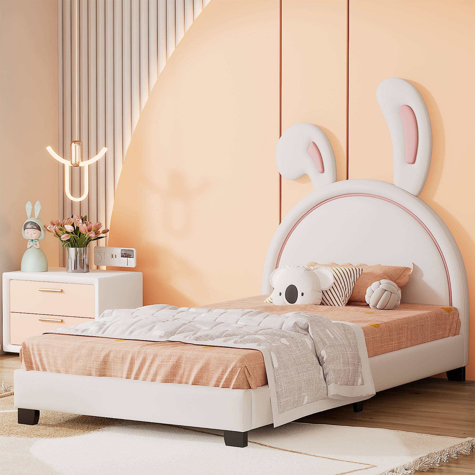 Full Size and Twin Size Upholstered Leather Platform Bed with Rabbit Ornament