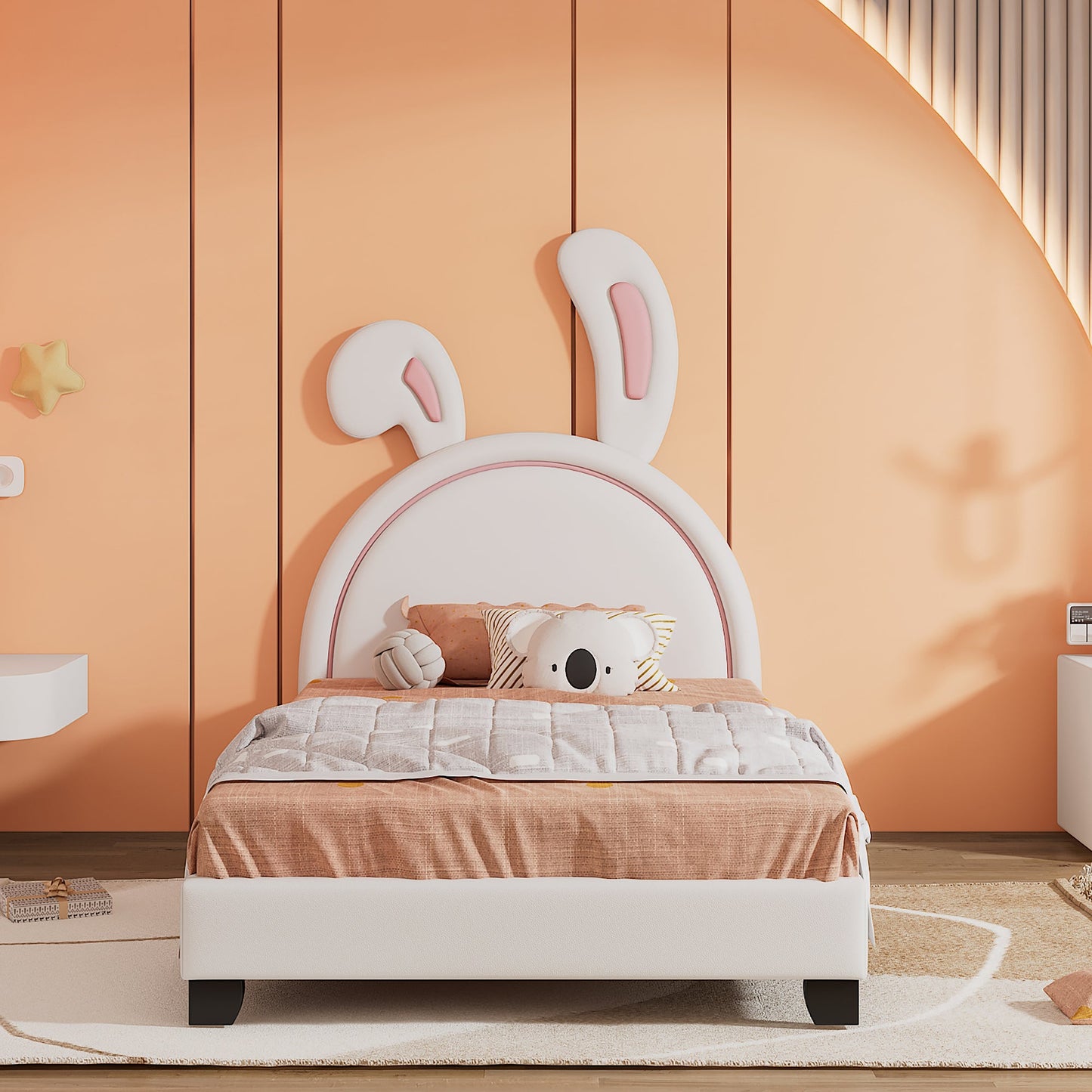 Full Size and Twin Size Upholstered Leather Platform Bed with Rabbit Ornament