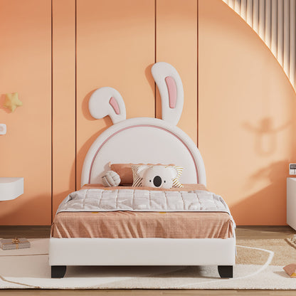 Full Size and Twin Size Upholstered Leather Platform Bed with Rabbit Ornament