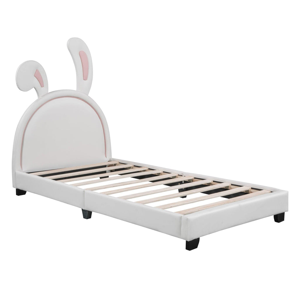 Full Size and Twin Size Upholstered Leather Platform Bed with Rabbit Ornament