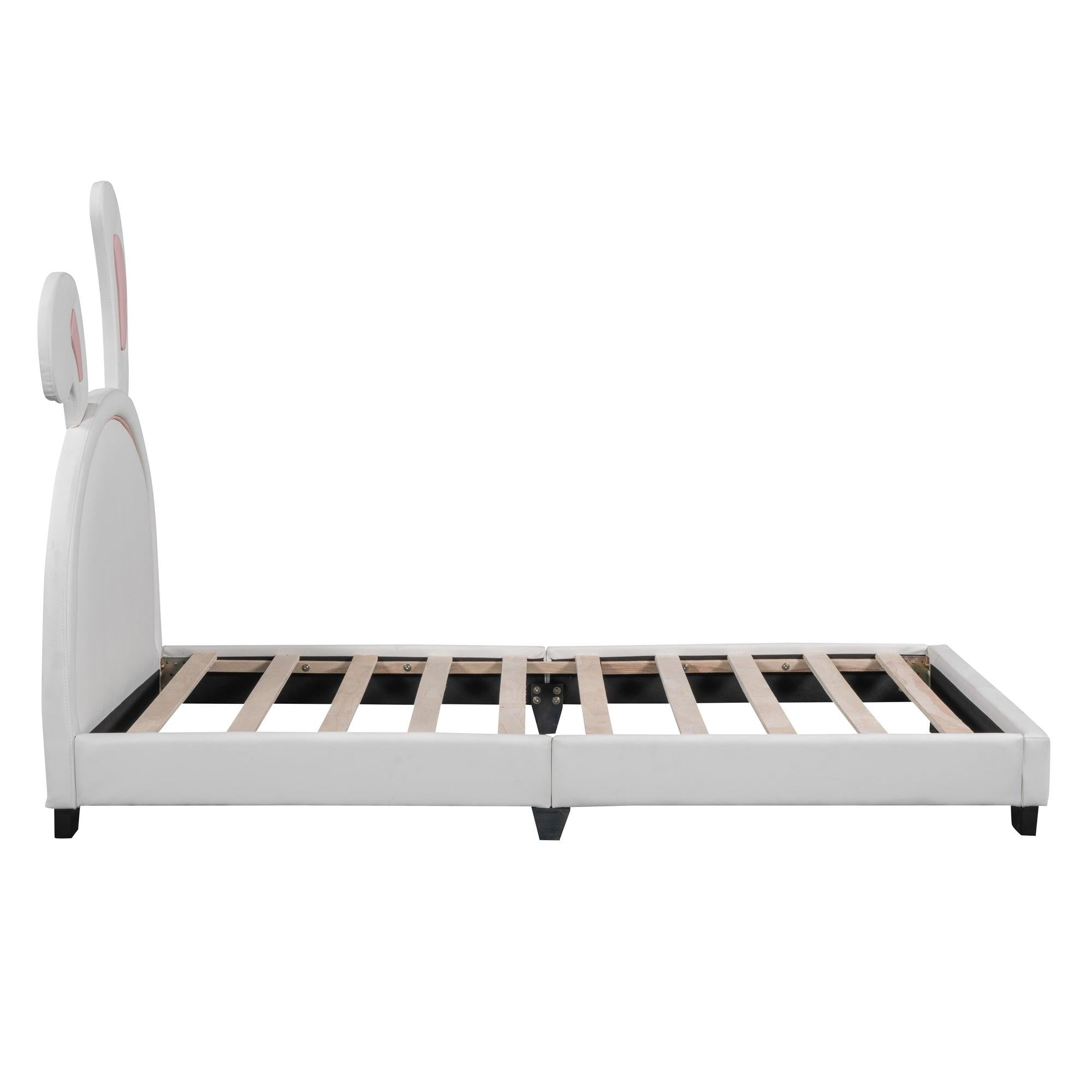 Full Size and Twin Size Upholstered Leather Platform Bed with Rabbit Ornament