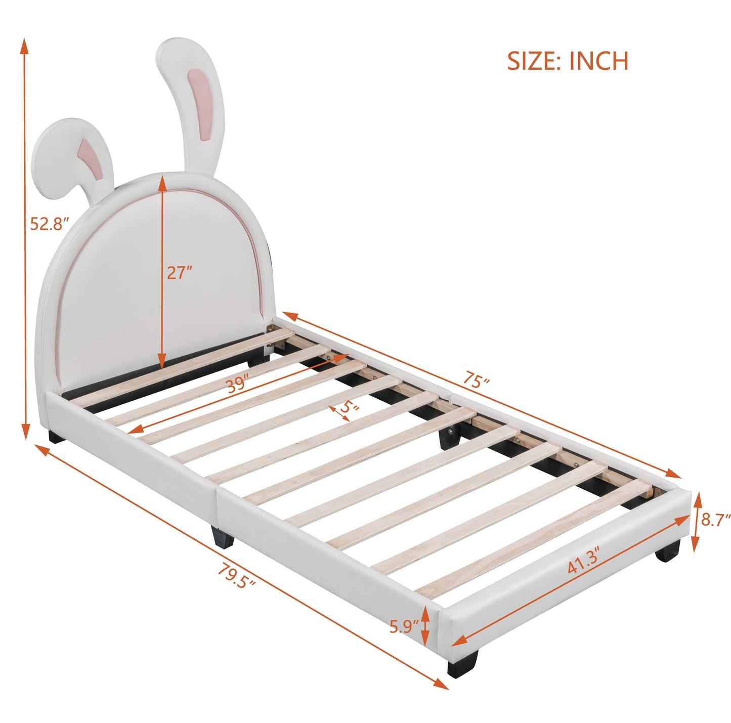 Full Size and Twin Size Upholstered Leather Platform Bed with Rabbit Ornament
