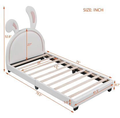 Full Size and Twin Size Upholstered Leather Platform Bed with Rabbit Ornament