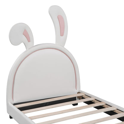 Full Size and Twin Size Upholstered Leather Platform Bed with Rabbit Ornament