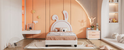 Full Size and Twin Size Upholstered Leather Platform Bed with Rabbit Ornament
