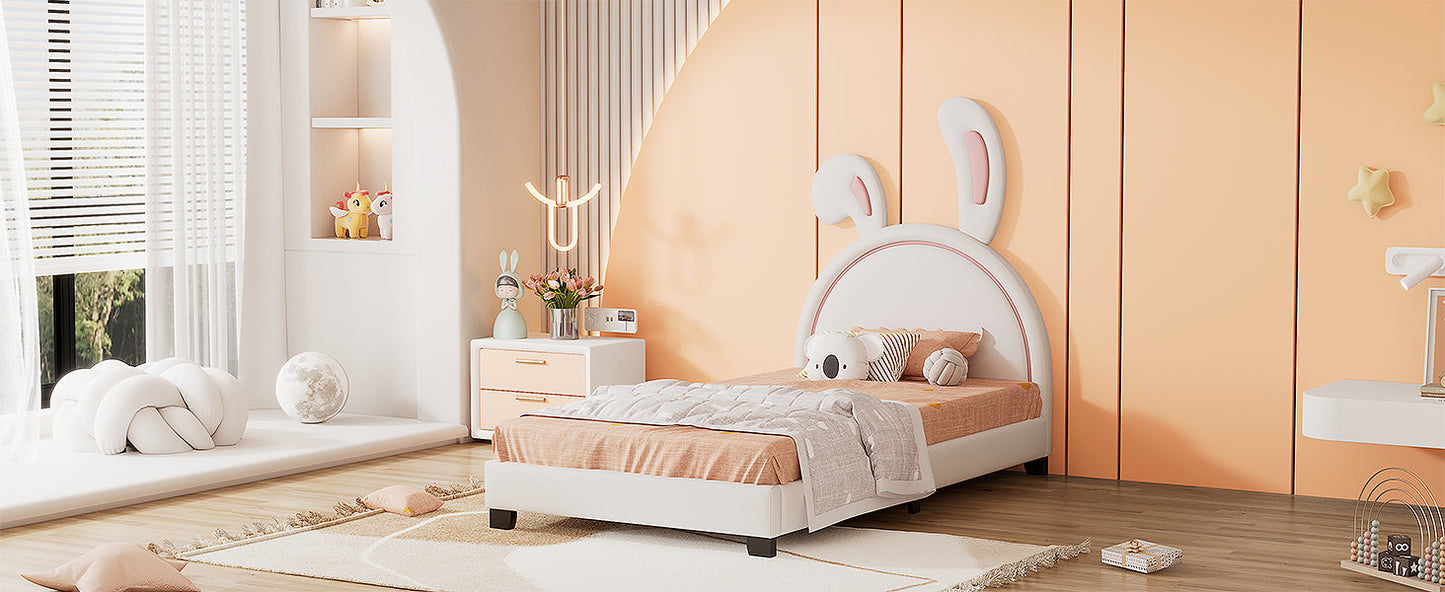 Full Size and Twin Size Upholstered Leather Platform Bed with Rabbit Ornament