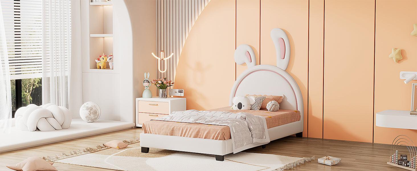 Full Size and Twin Size Upholstered Leather Platform Bed with Rabbit Ornament