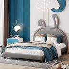 Leather Upholstered Platform Bed with Rabbit Accent.