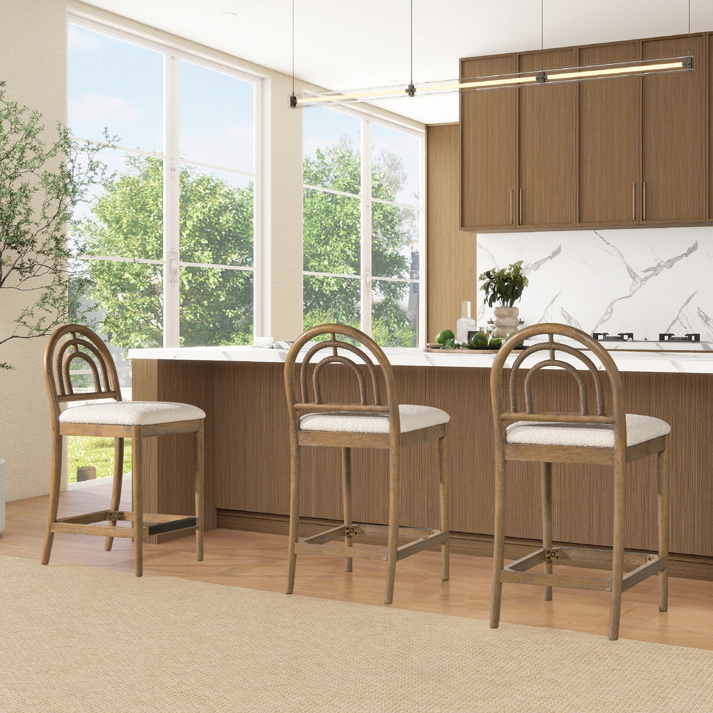 Leon 27' Arched Back Wood & Upholstered Counter Stool, Set of 2, Ivory White Boucle