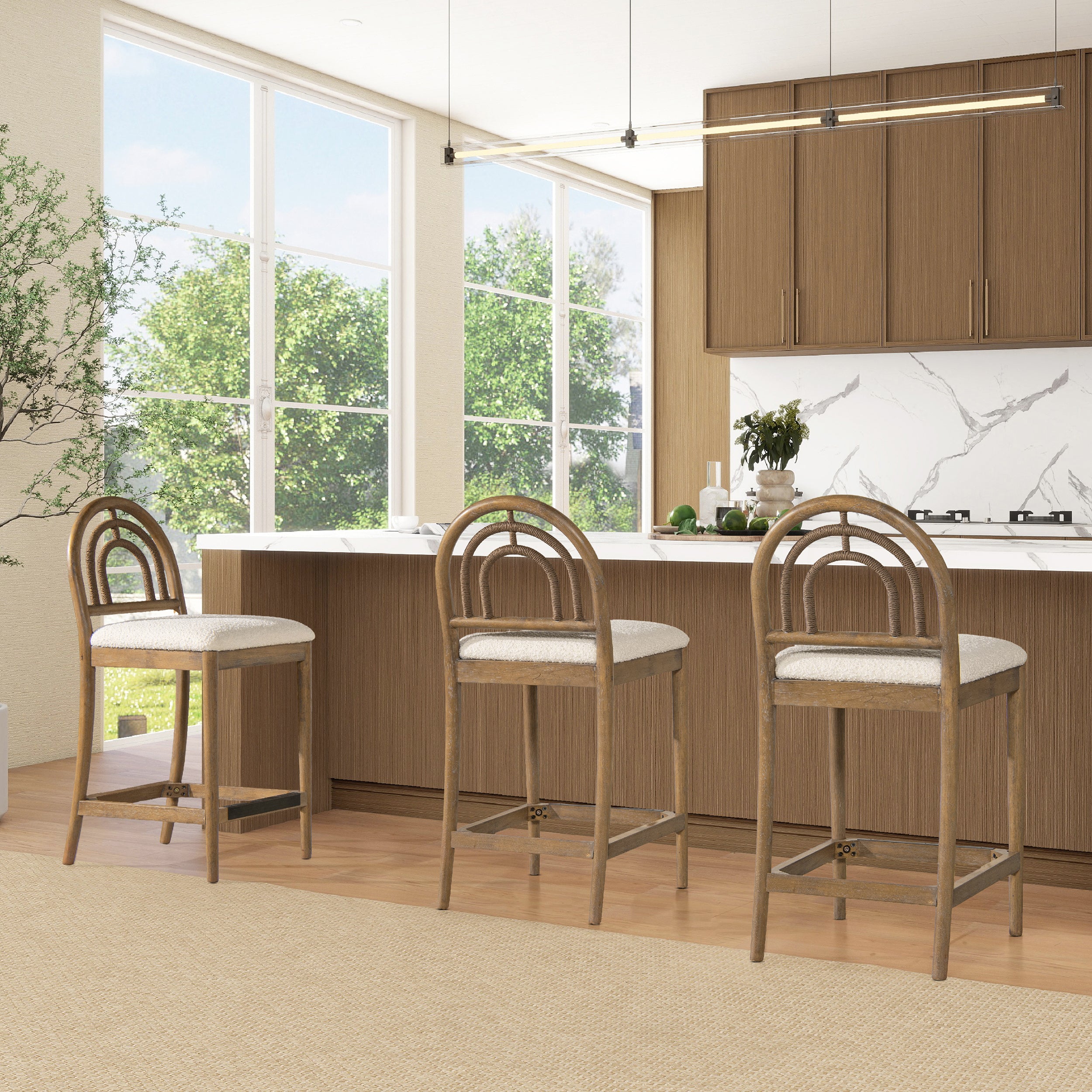 Leon 27' Arched Back Wood & Upholstered Counter Stool, Set of 2, Ivory White Boucle