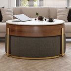 Modern Lift-Top Round Coffee Table with Hidden Storage, Walnut Veneer & Sintered Stone Top,3 Upholstered Nesting Ottomans, Space-Saving Design