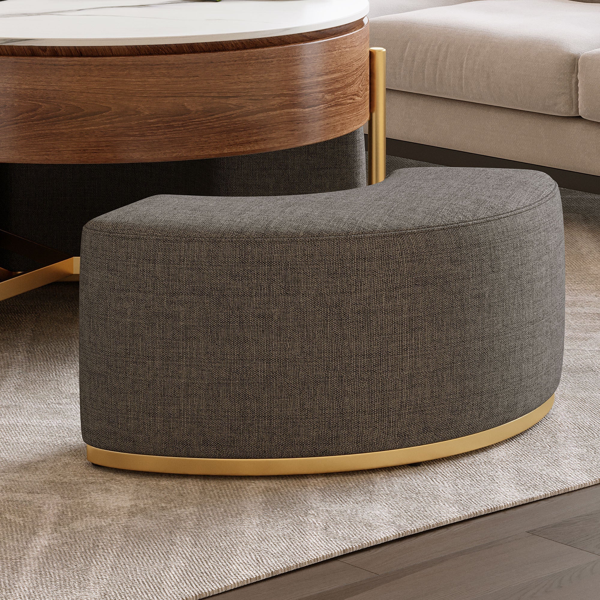 Modern Lift-Top Round Coffee Table with Hidden Storage, Walnut Veneer & Sintered Stone Top,3 Upholstered Nesting Ottomans, Space-Saving Design